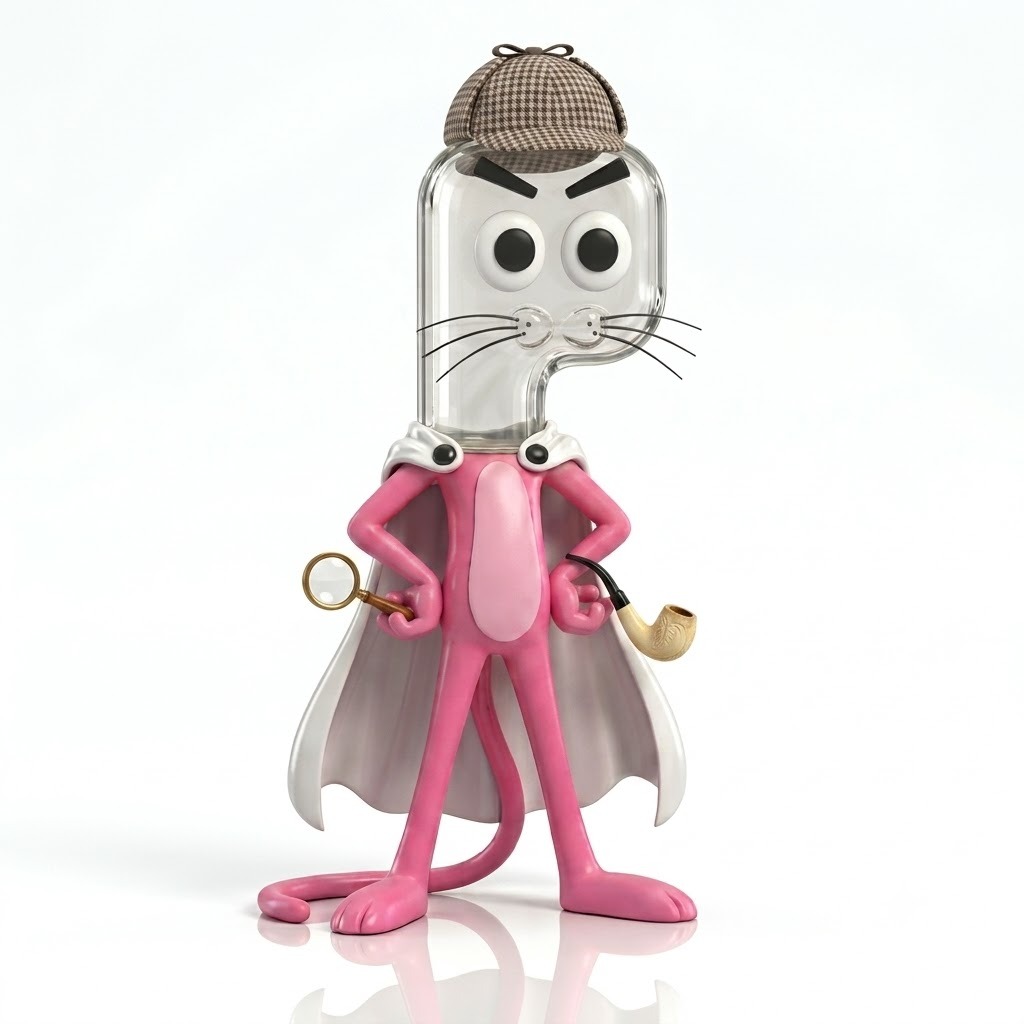 The Ponk Panther standing with magnifying glass and pipe